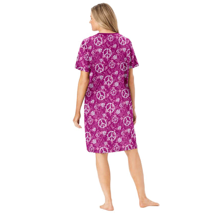 Raspberry Peace Sign Plus Size Short Sleepshirt with V-neck and A-line silhouette.