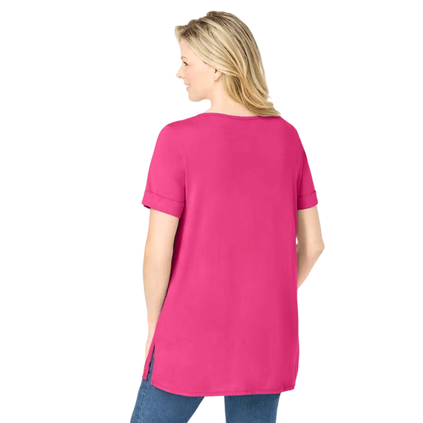 Woman wearing Raspberry Sorbet short sleeve pintucked Henley tunic

