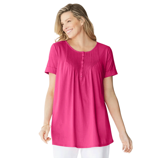 Woman wearing Raspberry Sorbet short sleeve pintucked Henley tunic

