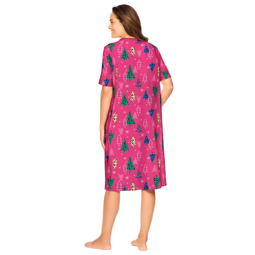 Raspberry Sorbet Short Print Sleepshirt with whimsical prints, ribbed V-neck, short sleeves, and A-line silhouette – women’s 40-inch cotton sleepwear.
