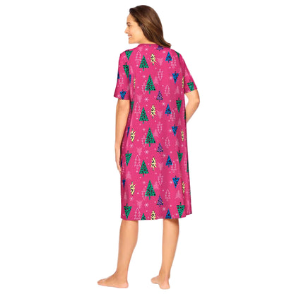 Raspberry Sorbet Short Print Sleepshirt with whimsical prints, ribbed V-neck, short sleeves, and A-line silhouette – women’s 40-inch cotton sleepwear.