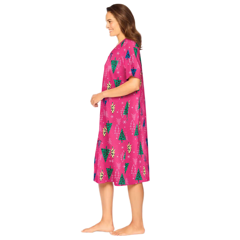 Raspberry Sorbet Short Print Sleepshirt with whimsical prints, ribbed V-neck, short sleeves, and A-line silhouette – women’s 40-inch cotton sleepwear.
