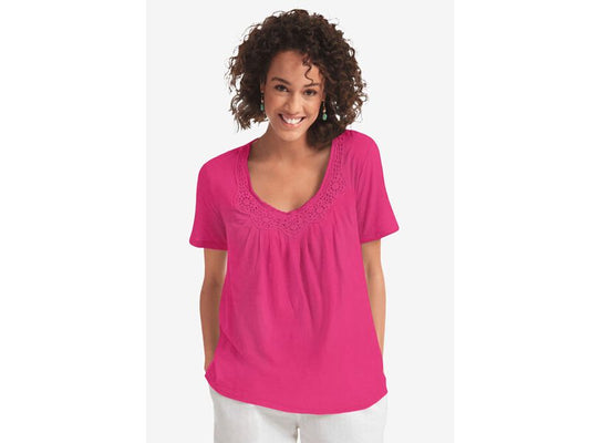 Raspberry Sorbet Crochet-Trim Knit Top PSW-6615