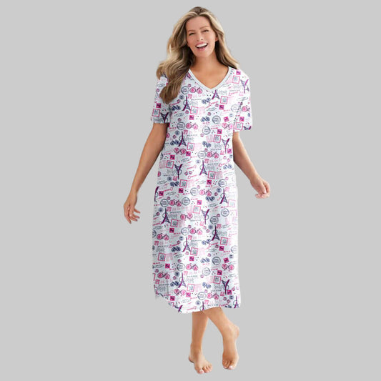 Stay cozy in the Raspberry Sorbet Paris Long Print Sleepshirt. Pure cotton, 46" length, V-neckline & side slits for breathable bedtime comfort.