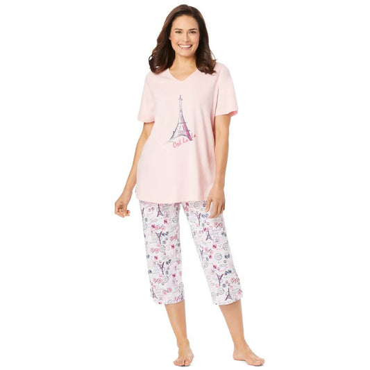 Women’s Raspberry Sorbet Paris Plus Size Capri Pajama Set with short-sleeve graphic tee and elastic waist capri bottoms made from breathable cotton.