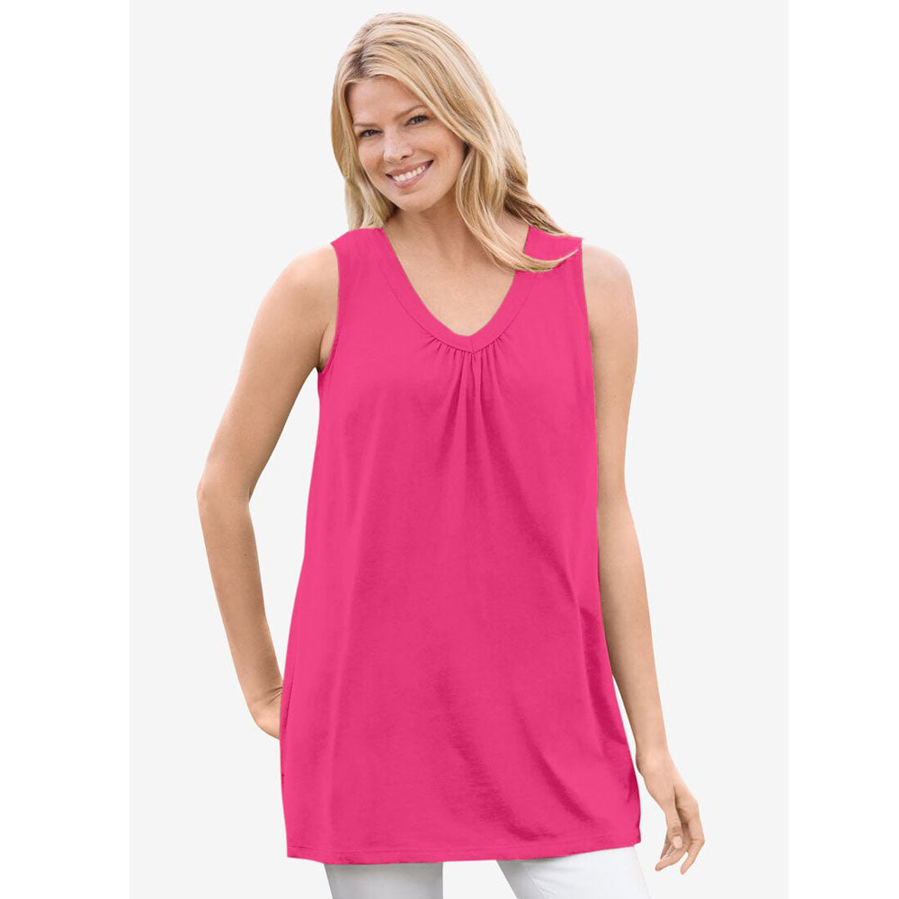 Raspberry Sorbet Perfect Short-Sleeve Shirred V-Neck Tunic PSW-7974