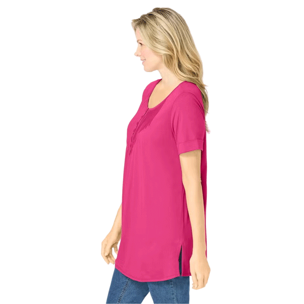 Woman wearing Raspberry Sorbet short sleeve pintucked Henley tunic

