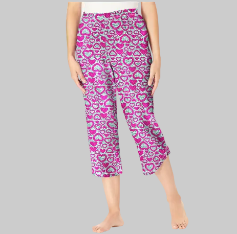 Raspberry heart print lounge capri made from soft jersey cotton fabric
