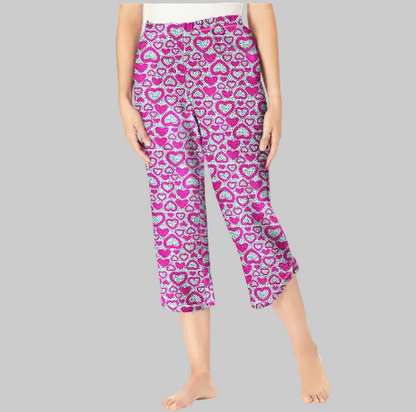 Raspberry heart print lounge capri made from soft jersey cotton fabric