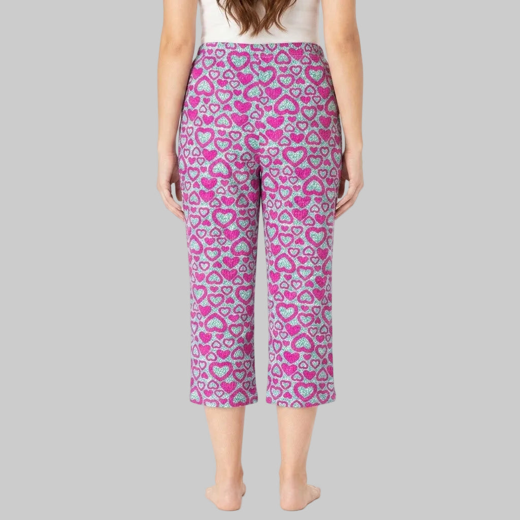 Raspberry heart print lounge capri made from soft jersey cotton fabric