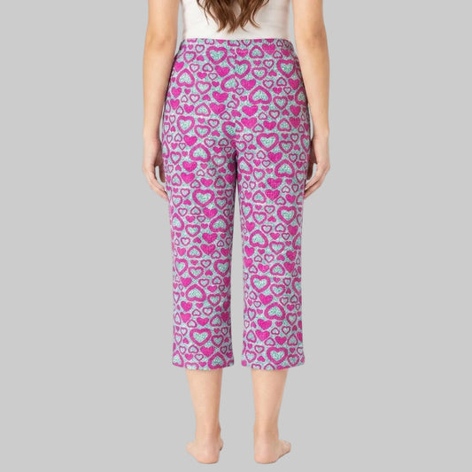 Raspberry heart print lounge capri made from soft jersey cotton fabric