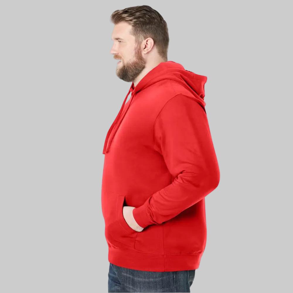 Red apple fleece pullover hoodie with big and tall fit, front pouch pocket, ribbed cuffs, and adjustable drawstring hood on a plain background.