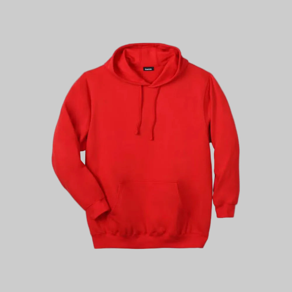 Red apple fleece pullover hoodie with big and tall fit, front pouch pocket, ribbed cuffs, and adjustable drawstring hood on a plain background.