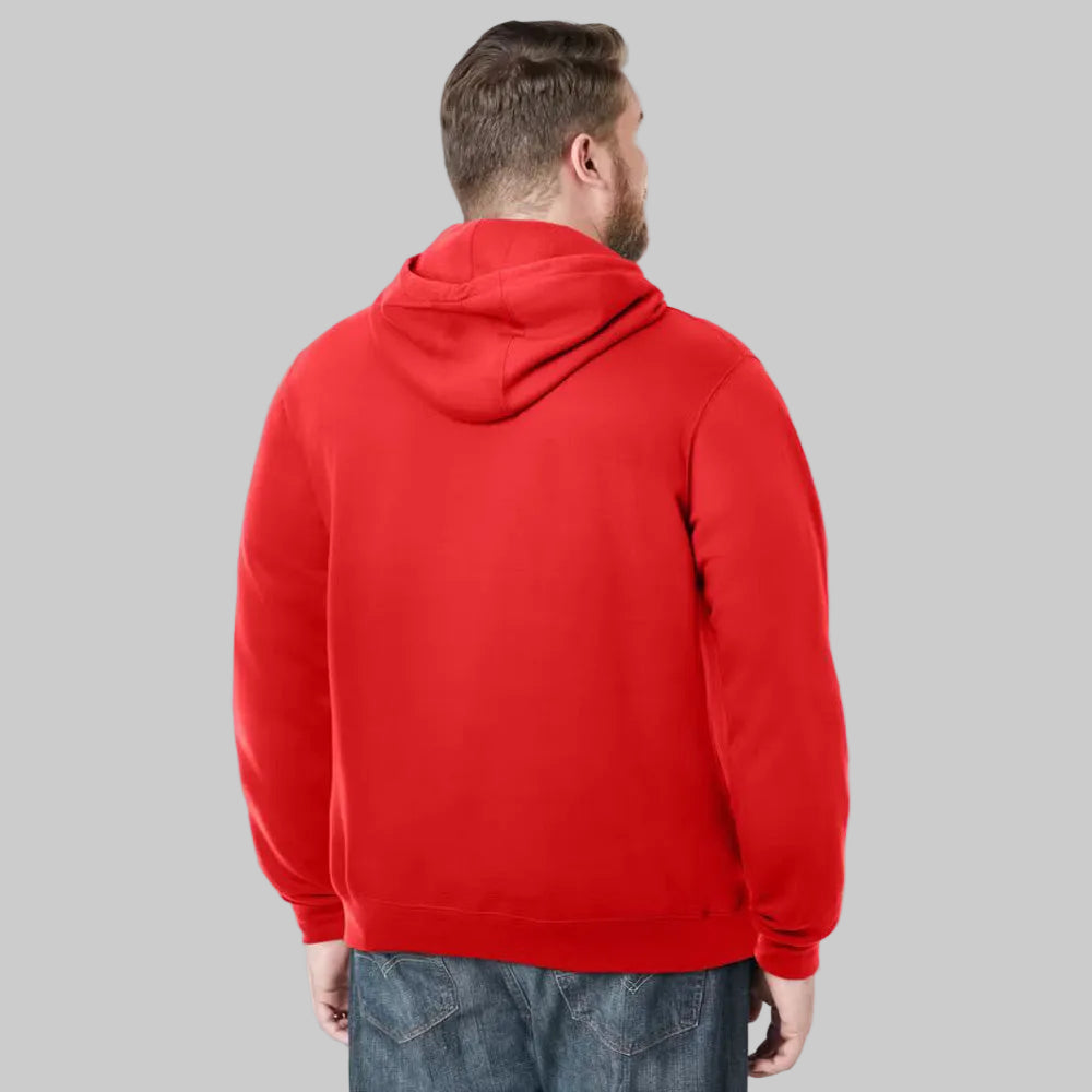 Red apple fleece pullover hoodie with big and tall fit, front pouch pocket, ribbed cuffs, and adjustable drawstring hood on a plain background.