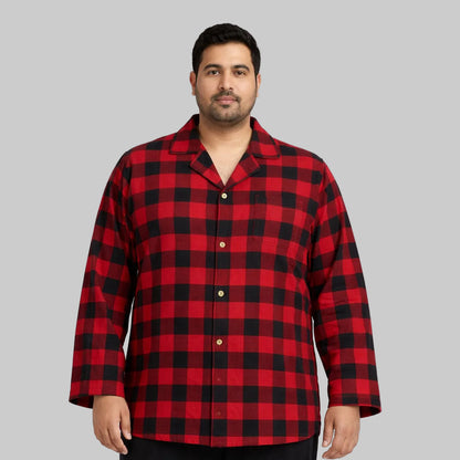 Red and black buffalo check flannel night shirt with button front and chest pocket