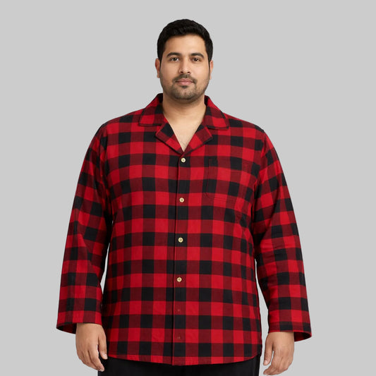 Red and black buffalo check flannel night shirt with button front and chest pocket