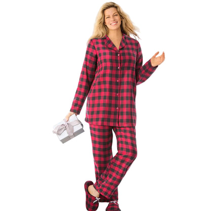Women’s Red Buffalo Classic Flannel Pajama Set with button-front shirt, notched collar, picot trim, and elastic waist pants made from soft brushed cotton flannel.