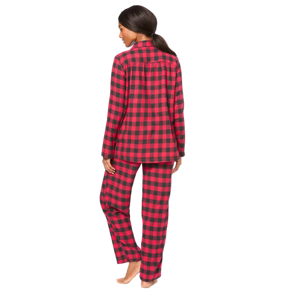Women’s Red Buffalo Classic Flannel Pajama Set with button-front shirt, notched collar, picot trim, and elastic waist pants made from soft brushed cotton flannel.