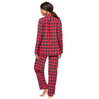 Women’s Red Buffalo Classic Flannel Pajama Set with button-front shirt, notched collar, picot trim, and elastic waist pants made from soft brushed cotton flannel.
