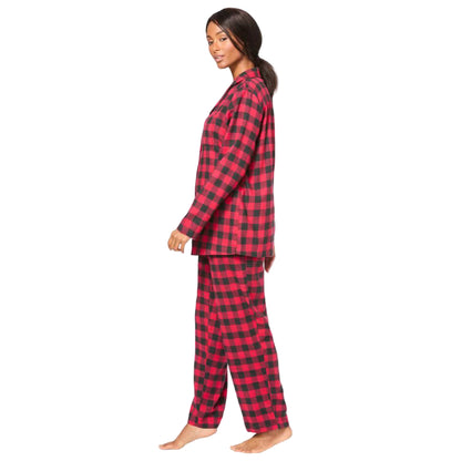Women’s Red Buffalo Classic Flannel Pajama Set with button-front shirt, notched collar, picot trim, and elastic waist pants made from soft brushed cotton flannel.