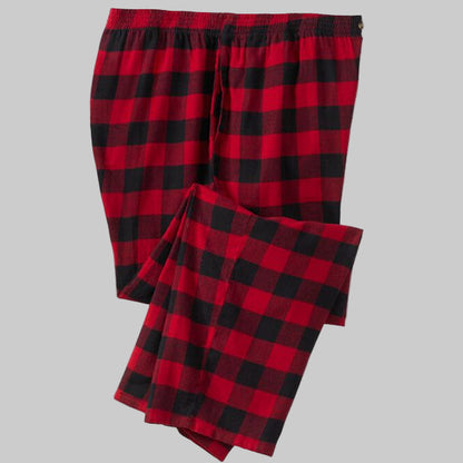 Red and black buffalo plaid flannel pajama pants with elastic waist and side pockets