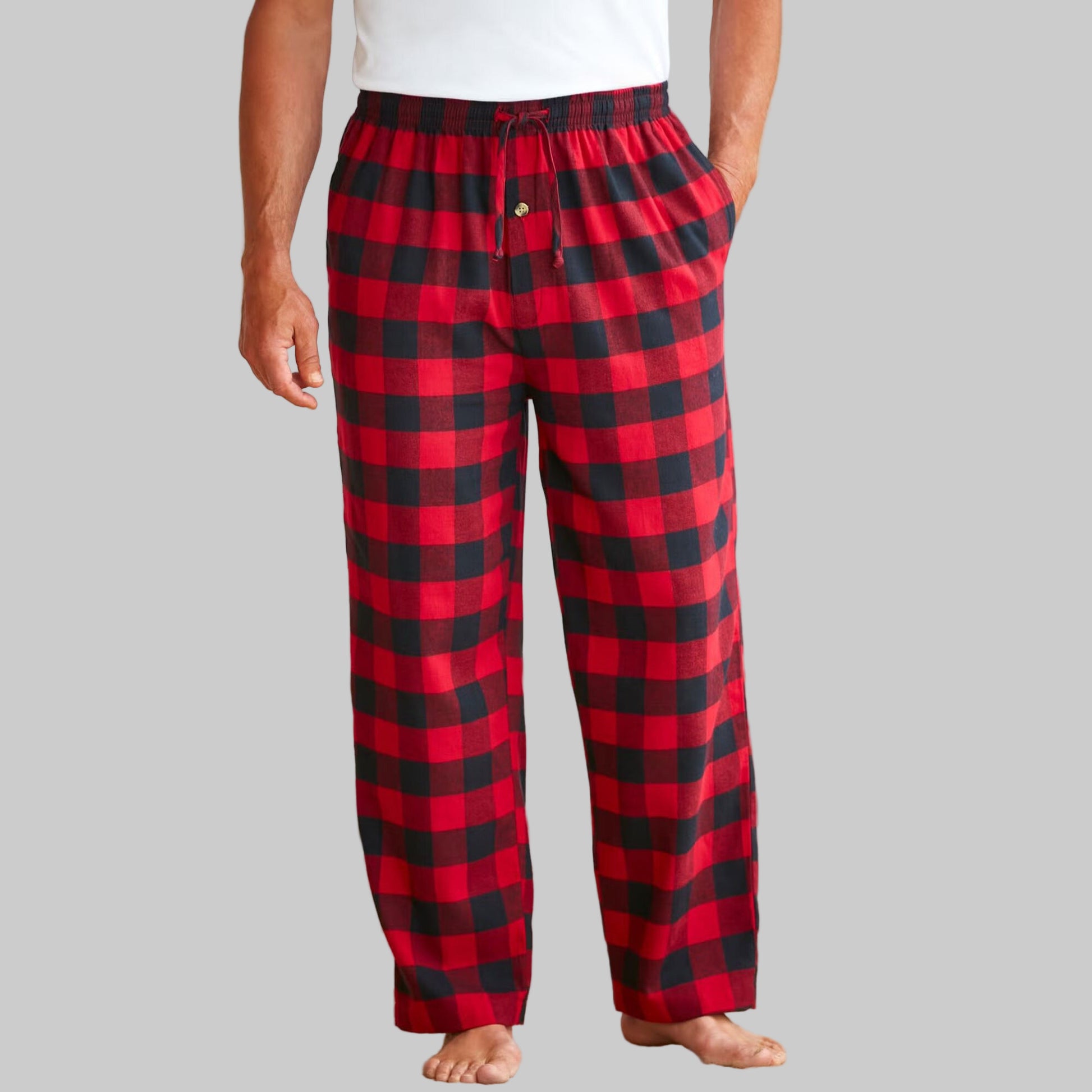 Red and black buffalo plaid flannel pajama pants with elastic waist and side pockets