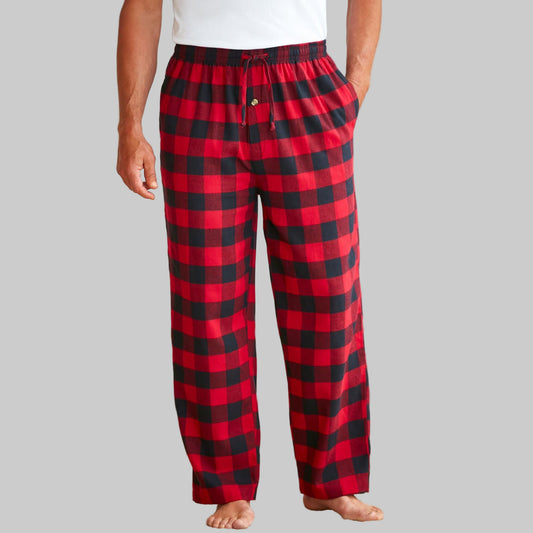 Red and black buffalo plaid flannel pajama pants with elastic waist and side pockets