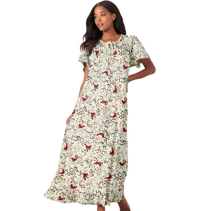 Red Cardinals Long Floral Print Cotton Gown PSW-5048