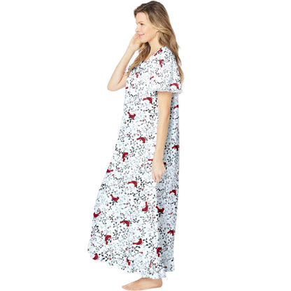 Red Cardinals Long Floral Print Cotton Gown PSW-5048