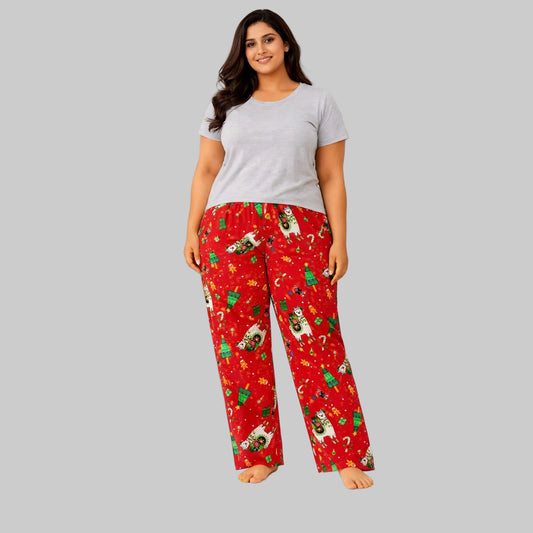 Red holiday print flannel pajama pants worn by 2XL Pakistani model