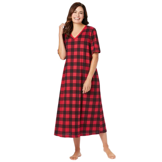 Red Plaid Plus Size Long Sleepshirt with V-neck and side-slit A-line design.