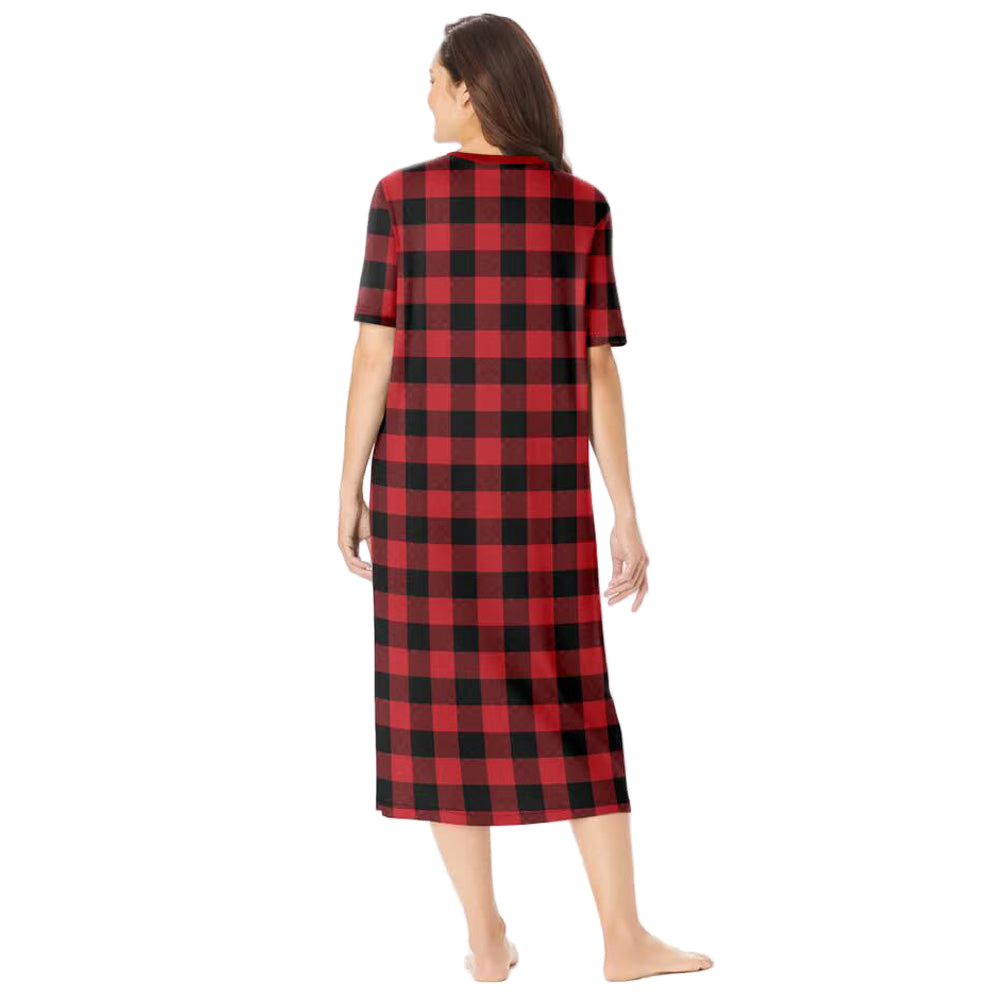 Red Plaid Plus Size Long Sleepshirt with V-neck and side-slit A-line design.