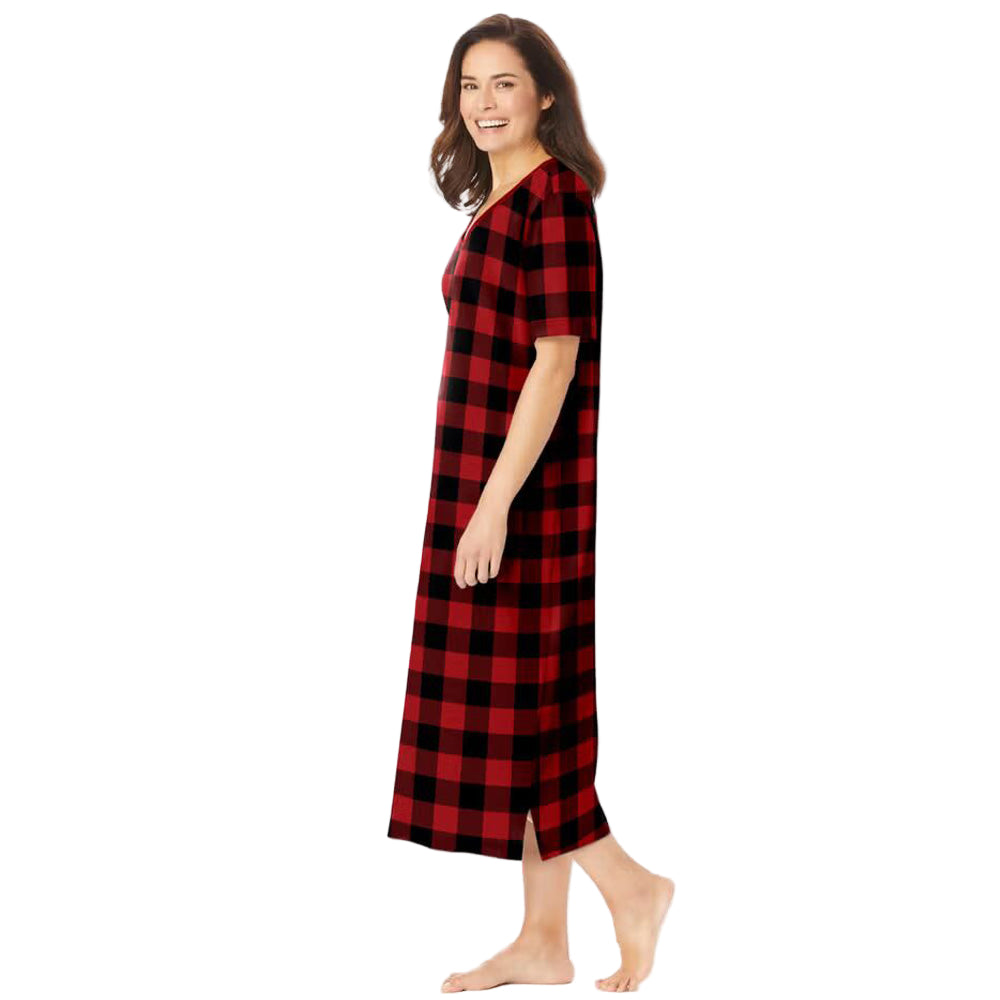 Red Plaid Plus Size Long Sleepshirt with V-neck and side-slit A-line design.