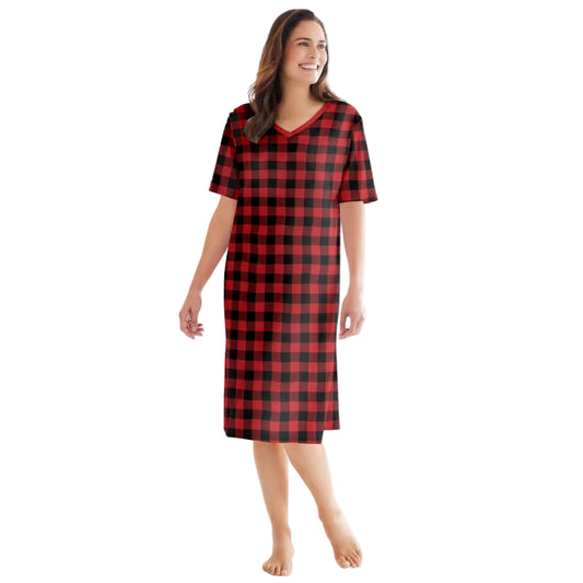 Red Plaid Plus Size Short Sleepshirt with V-neck and A-line silhouette.