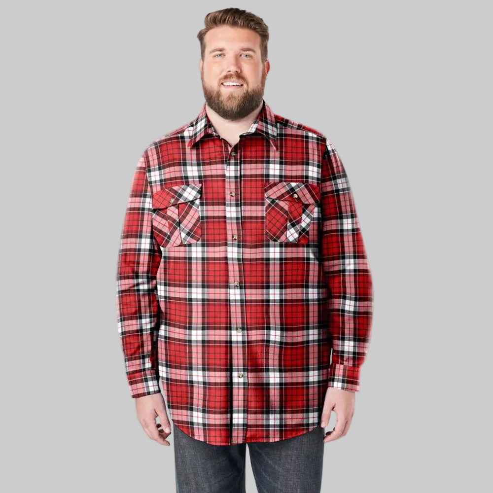 Red Plaid Signature Flannel Shirt — relaxed big and tall fit, double-brushed cotton, button-flap chest pockets.