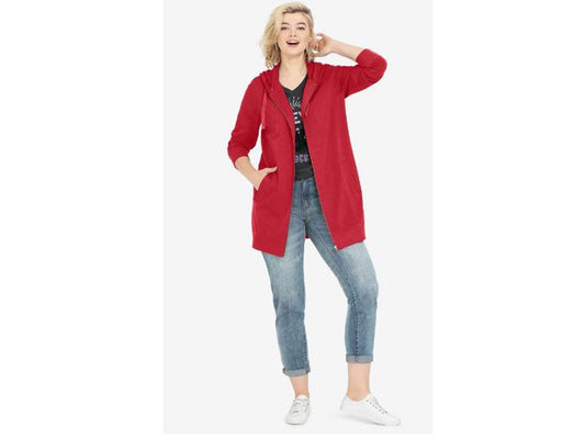 Red Fleece Plus Size Women Long Zip Hoodie PSW-4998