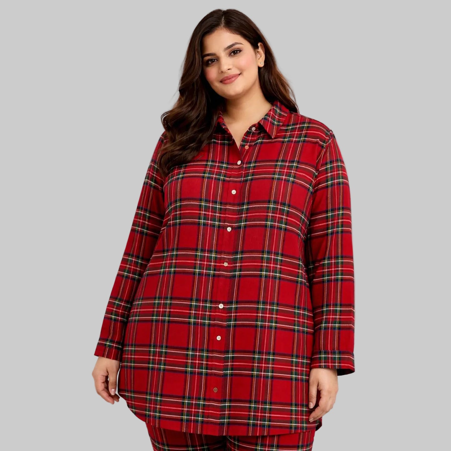Red tartan plaid flannel night shirt for women with button-front closure, long sleeves, and soft brushed cotton fabric.