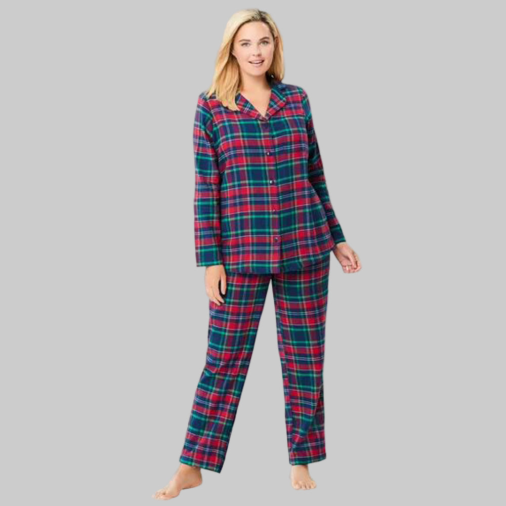 Red and green plaid cotton flannel pajama set with button-front shirt, notched collar, and elastic-waist pants — cozy sleepwear for women.