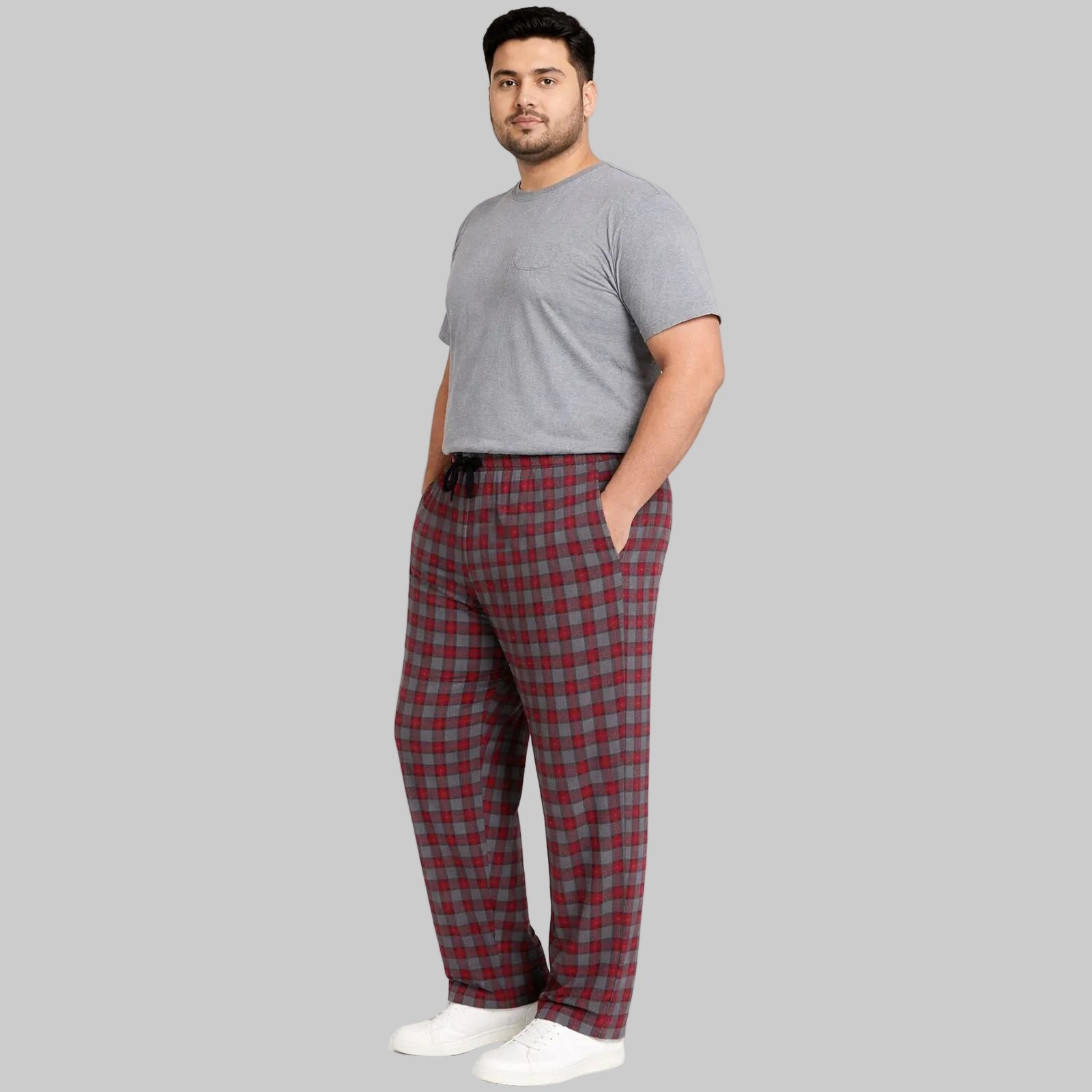 Red and grey plaid plus size jersey lycra trousers with stretch fit and elastic waist