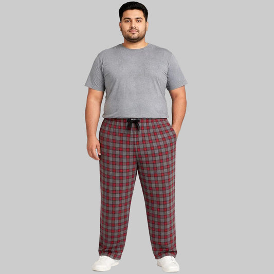 Red and grey plaid plus size jersey lycra trousers with stretch fit and elastic waist