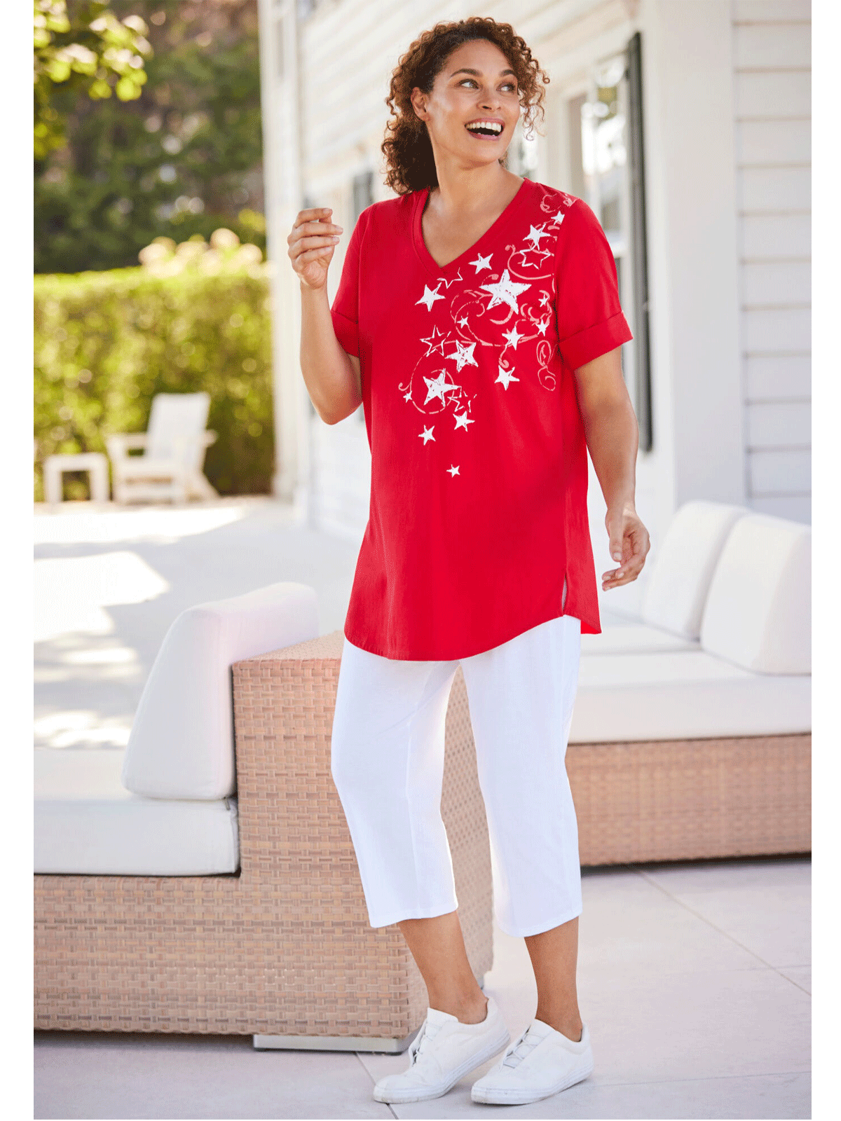 Red Stars Two-Piece V-Neck Tunic & Capri Set PSW-9066