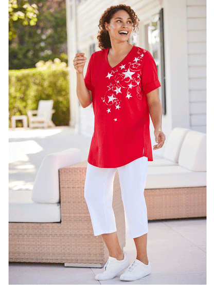 Red Stars Two-Piece V-Neck Tunic & Capri Set PSW-9066