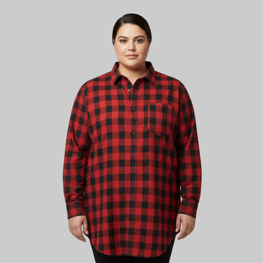 Women's red and black buffalo plaid button-front flannel shirt.