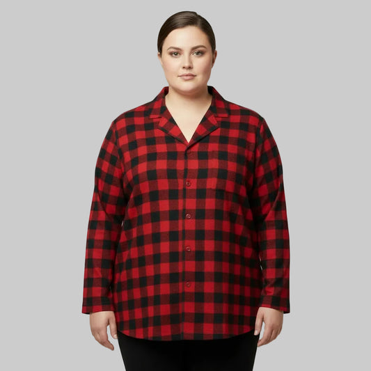 Red and black buffalo plaid flannel shirt with chest pocket and button front.