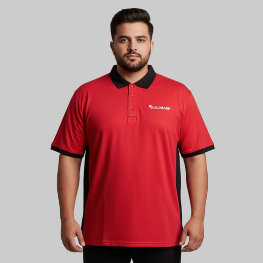 Red and black panel plus size polo shirt laid flat showing front view with contrast side panels and collar detail