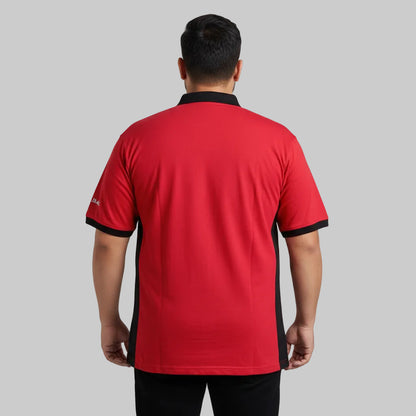 Red and black panel plus size polo shirt laid flat showing front view with contrast side panels and collar detail
