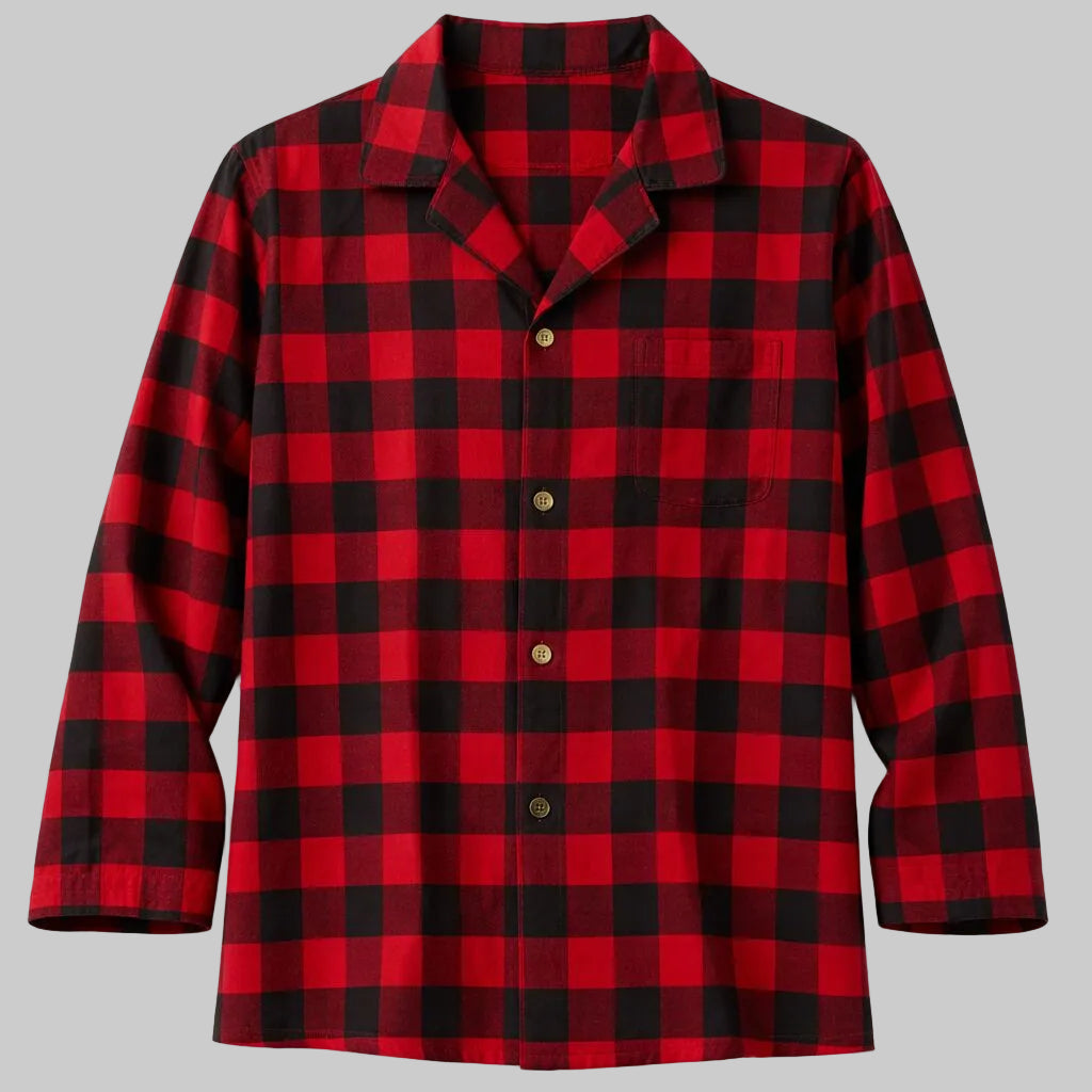 Red and black buffalo check flannel night shirt with button front and chest pocket