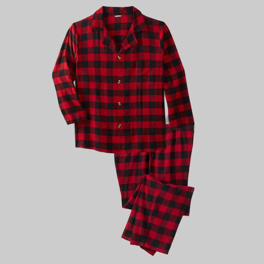 Red Buffalo Plaid 100% Cotton Flannel Pajama Set for Men with Notched Collar Top and Matching Drawstring Waist Trousers