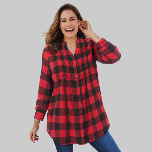Women's red buffalo plaid pintucked flannel tunic shirt with button front.