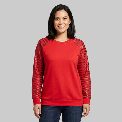 Red fleece sweatshirt with stylish striped long sleeves